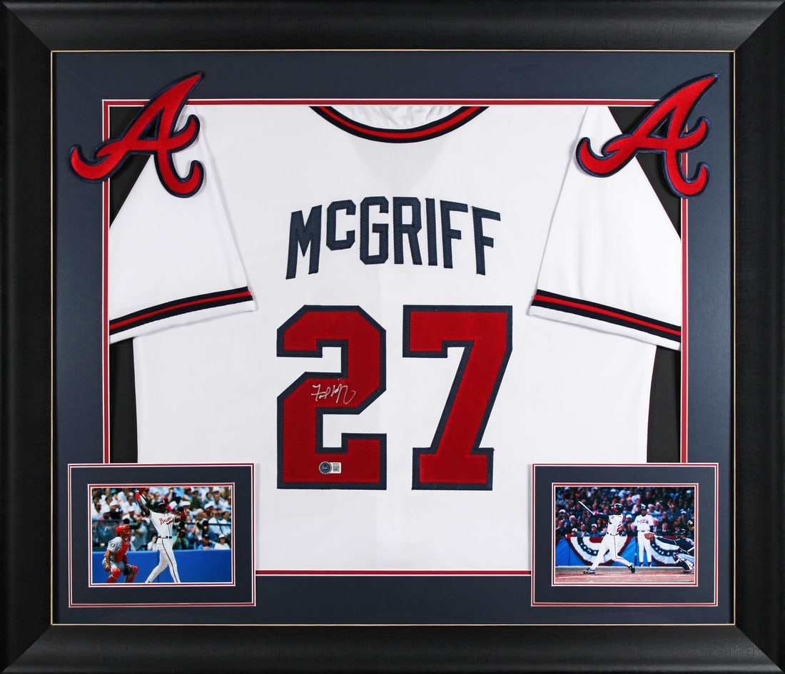 Framed Atlanta Braves Jersey Signed by Fred McGriff Beckett Witnessed: Framed Atlanta Braves Jersey Signed by Fred McGriff Beckett Witnessed Professionally framed white pro style jersey personally signed by Fred McGriff. This original autographed piece is a BAS Witnessed
