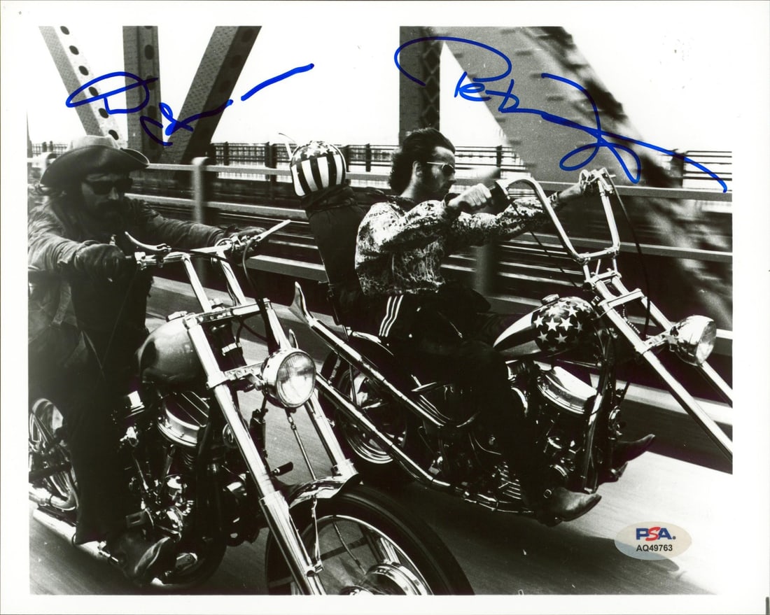 Signed Easy Rider 8x10 black and white photo Peter Fonda Dennis Hopper PSA: Signed Easy Rider 8x10 black and white photo Peter Fonda Dennis Hopper PSA Autographed 8x10 black and white photograph personally signed by Peter Fonda and Dennis Hopper of Easy Rider. The item is ori