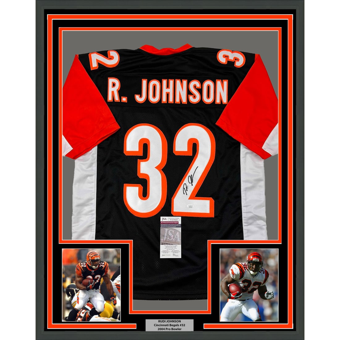 Framed Rudi Johnson Signed Black Jersey Cincinnati Bengals JSA Certified: Framed Rudi Johnson Signed Black Jersey Cincinnati Bengals JSA Certified Showcase your passion for football with this professionally framed and matted autographed Rudi Johnson Cincinnati Bengals jerse