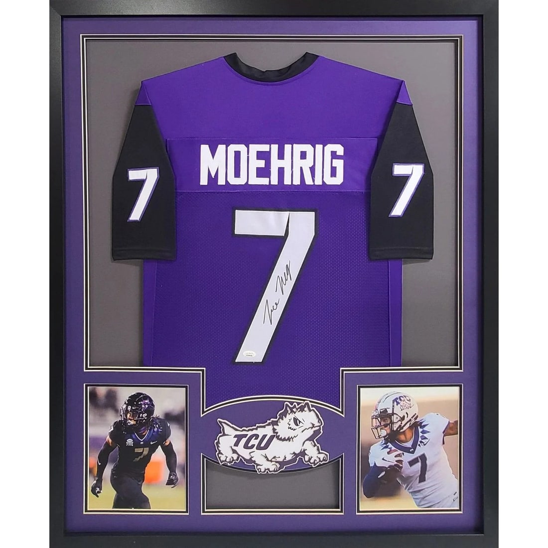 Trevon Moehrig Autographed Framed Jersey JSA Certified TCU Raiders: Trevon Moehrig Autographed Framed Jersey JSA Certified TCU Raiders This is a pre-owned autographed jersey of Trevon Moehrig, framed for display. The jersey is authenticated by JSA, a leading name in s