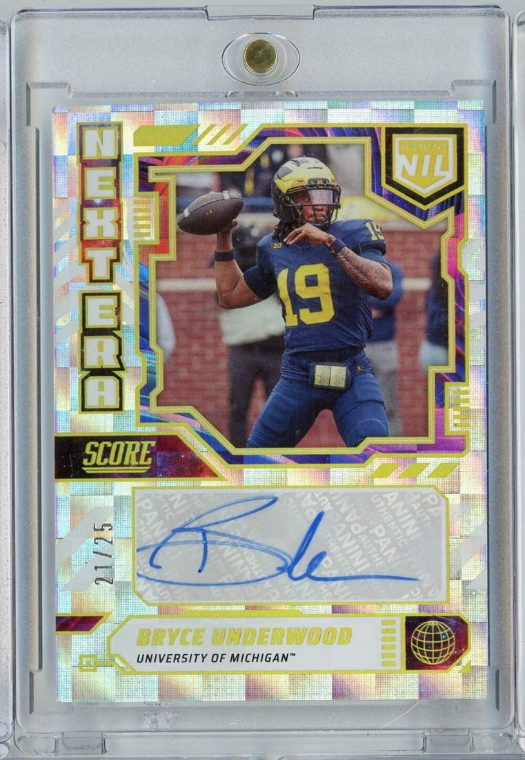 Bryce Underwood Signed 2025 Next Era Rookie Card Panini Score NIL Serial Numbered /25: Bryce Underwood Signed 2025 Next Era Rookie Card Panini Score NIL Serial Numbered /25 This 2025 Panini Score NIL Next Era football card features Bryce Underwood of the Michigan Wolverines. The card is