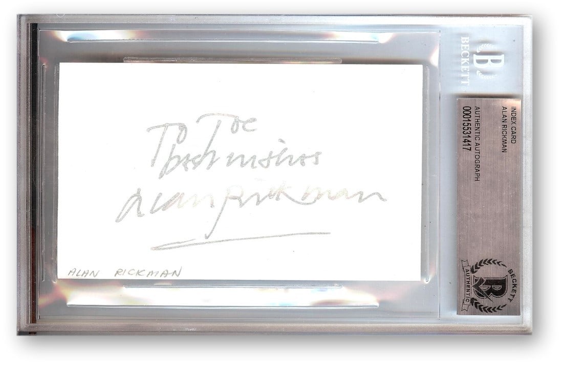 Index Card Signed by Alan Rickman as Hans Gruber Beckett Authenticated: Index Card Signed by Alan Rickman as Hans Gruber Beckett Authenticated This is an original index card autographed by Alan Rickman, renowned for his role as Hans Gruber in Die Hard. The card is authent