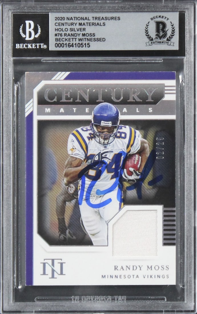 Randy Moss Auto 2020 National Treasures Century Materials Silver Card BAS 10 Slabbed: Randy Moss Auto 2020 National Treasures Century Materials Silver Card BAS 10 Slabbed This is an original 2020 National Treasures Century Materials HOLO Silver #76 football card, personally signed by R