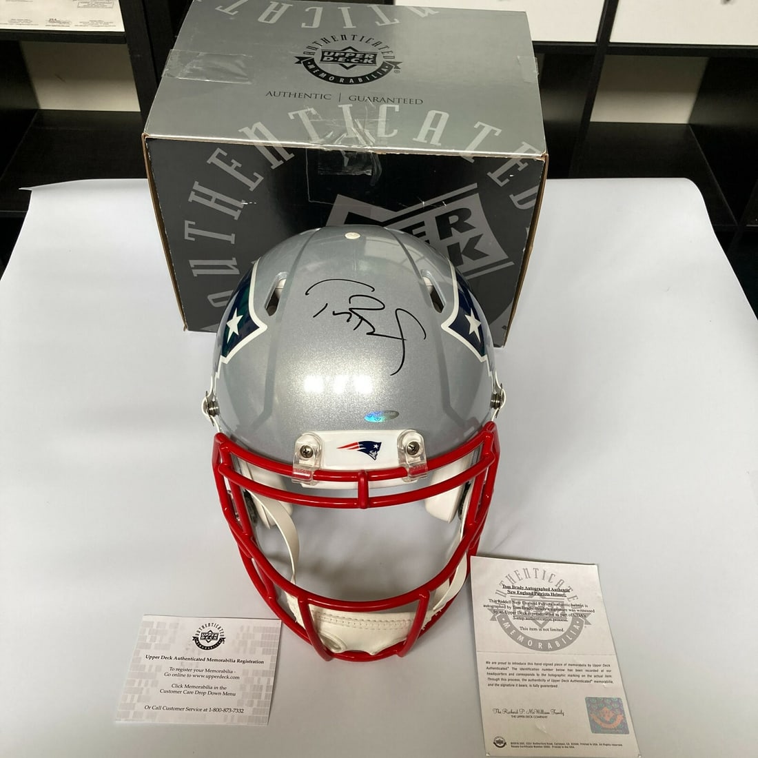Tom Brady Signed New England Patriots Full Size Helmet Upper Deck COA: Tom Brady Signed New England Patriots Full Size Helmet Upper Deck COA Own a piece of football history with this extremely rare, authentic game model helmet signed by Tom Brady. This full-size helmet, 