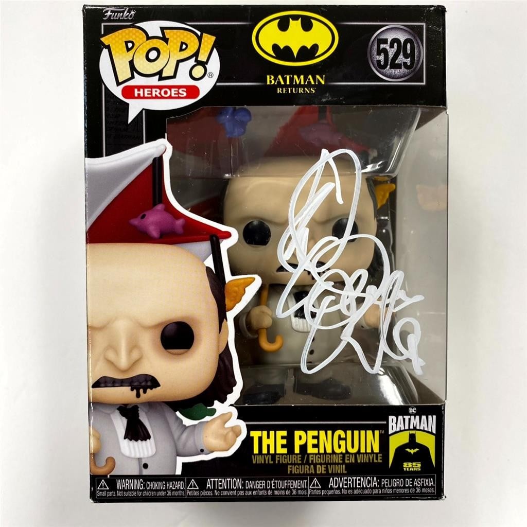 Danny DeVito autographed JSA Batman Returns Penguin Funko Pop 529: Danny DeVito autographed JSA Batman Returns Penguin Funko Pop 529 This is a Funko Pop! #529 figure of the Penguin from Batman Returns, hand-signed by Danny DeVito. The autograph has been authenticated