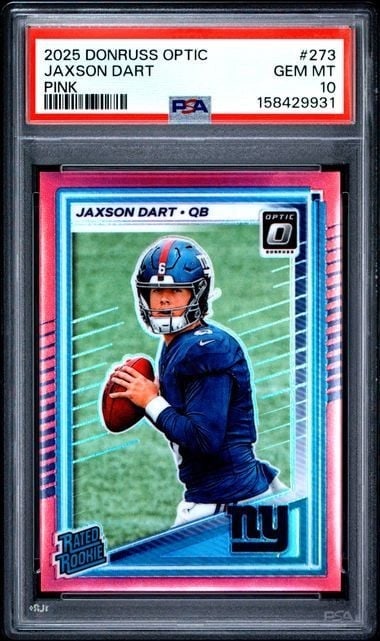 PSA 10 Jaxson Dart 2025 Donruss Optic Pink Rookie Card #273: PSA 10 Jaxson Dart 2025 Donruss Optic Pink Rookie Card #273 Graded 2025 Donruss Optic Jaxson Dart #273 Pink rookie sports trading card. This pre-owned card is encapsulated and graded PSA 10 Gem Mint b