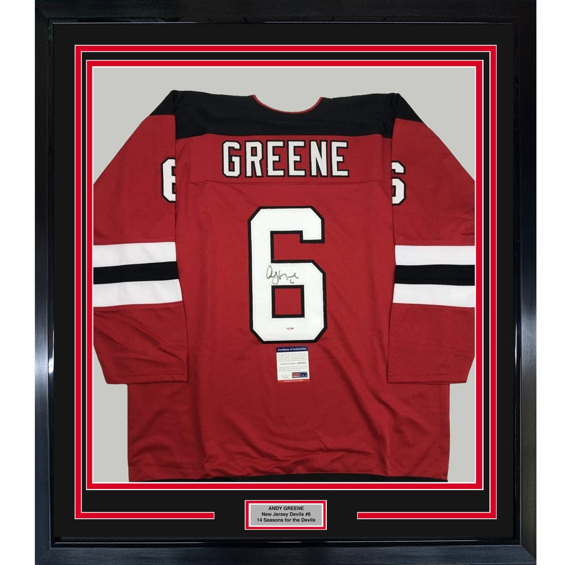 Framed Autographed Andy Greene Jersey 33x42 New Jersey Devils PSA/DNA COA: Framed Autographed Andy Greene Jersey 33x42 New Jersey Devils PSA/DNA COA This professionally framed and autographed Andy Greene New Jersey Devils jersey is a must-have for any hockey fan. Measuring 3