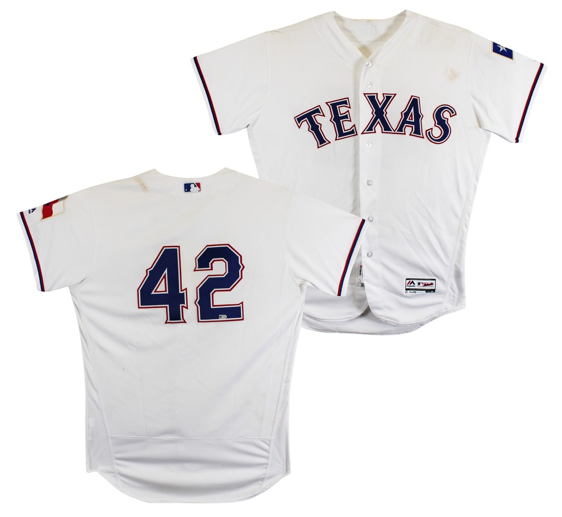 Texas Rangers Rougned Odor Jackie Robinson Day game worn Majestic jersey: Texas Rangers Rougned Odor Jackie Robinson Day game worn Majestic jersey This is a game-used Jackie Robinson Day white Majestic Flexbase jersey worn by Rougned Odor on April 15, 2015 vs. the Baltimore