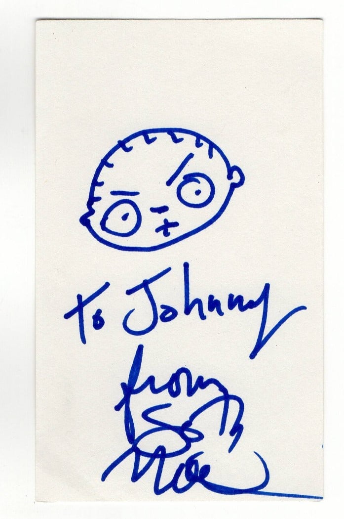 Seth MacFarlane Autographed 3x5 Index Card With Stewie Griffin Sketch JSA Authenticated: Seth MacFarlane Autographed 3x5 Index Card With Stewie Griffin Sketch JSA Authenticated This is a standard 3 x 5 inch index card autographed by Seth MacFarlane, featuring a Stewie sketch from Family G