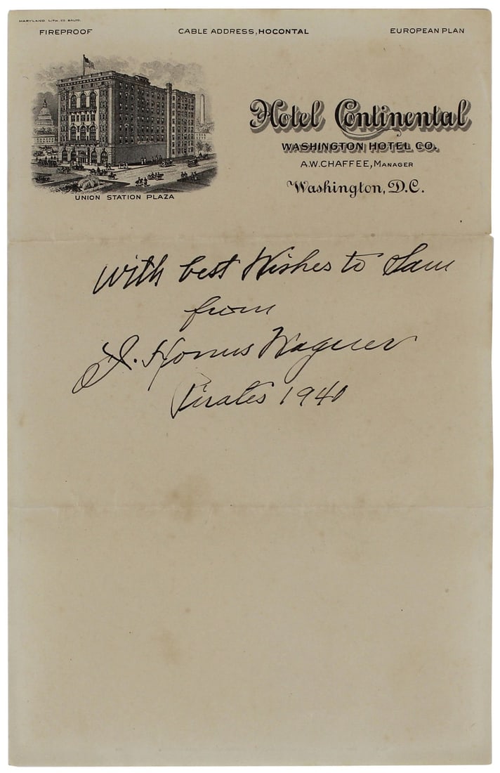 Honus Wagner Signed 1940 Handwritten Letter 6x9.5 JSA Certified: Honus Wagner Signed 1940 Handwritten Letter 6x9.5 JSA Certified This authentic 6x9.5 handwritten letter from 1940 is personally signed by Hall of Famer Honus Wagner of the Pittsburgh Pirates. The lett