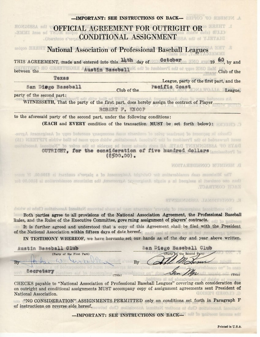 Beckett Authenticated Ralph Kiner Signed Baseball Contract 1960 Minor League (1 of 3)