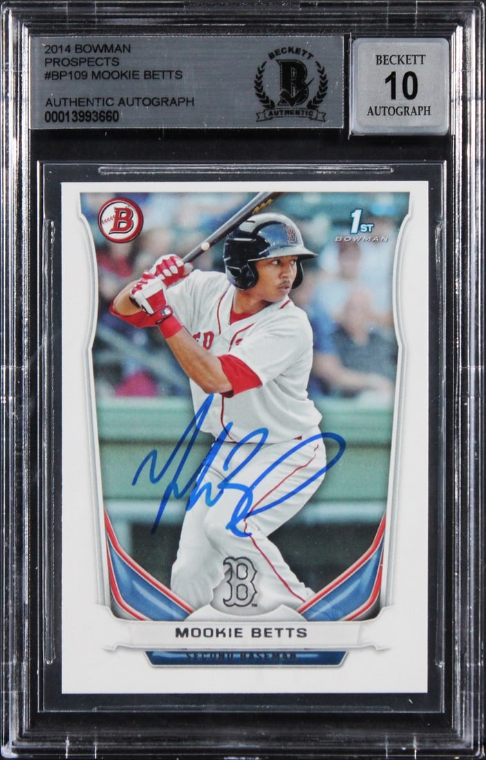 Mookie Betts 2014 Bowman Prospects BP109 Rookie Auto BAS Slabbed: Mookie Betts 2014 Bowman Prospects BP109 Rookie Auto BAS Slabbed This is an original 2014 Bowman Prospects #BP109 rookie card featuring Mookie Betts of the Boston Red Sox. The card has been personally