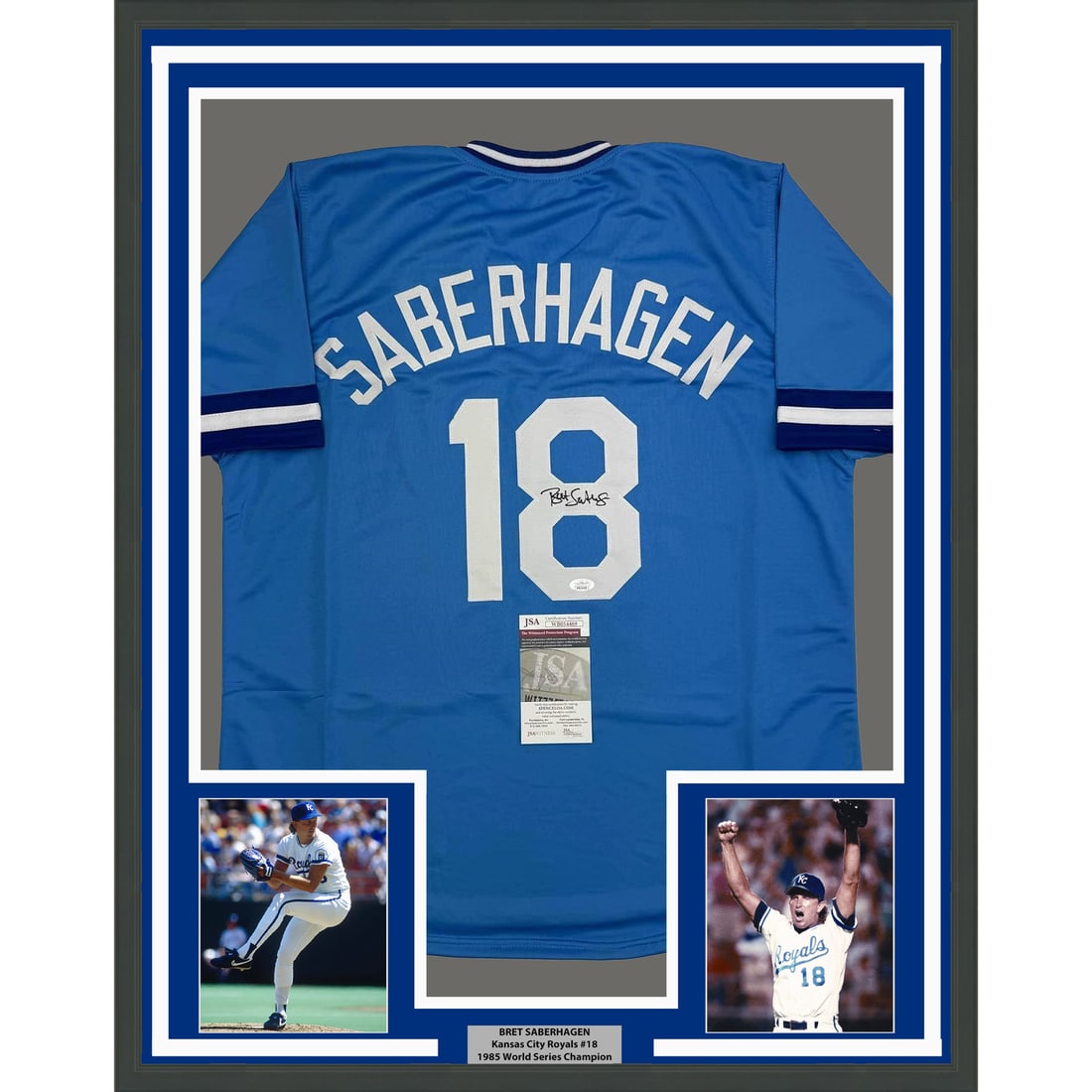 Framed Autographed Bret Saberhagen Jersey Kansas City Royals JSA COA: Framed Autographed Bret Saberhagen Jersey Kansas City Royals JSA COA Celebrate the legacy of Bret Saberhagen with this professionally framed and matted autographed light blue jersey from the Kansas Ci