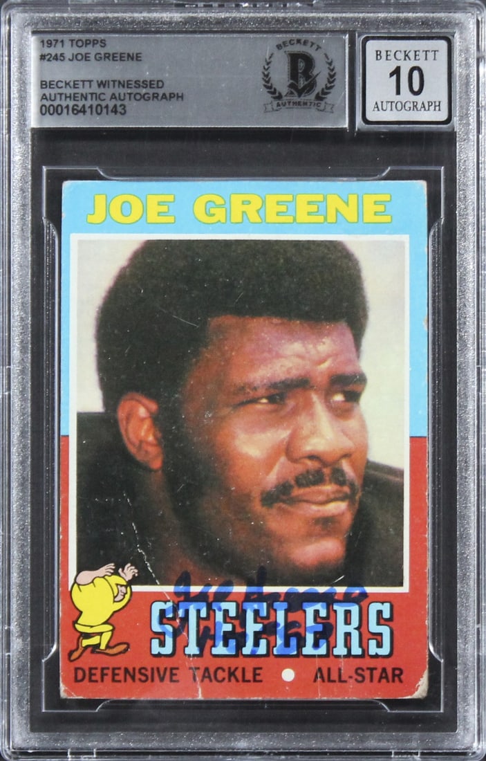 Joe Greene Signed 1971 Topps Rookie Card HOF 87 Inscription BAS Auto 10: Joe Greene Signed 1971 Topps Rookie Card HOF 87 Inscription BAS Auto 10 This is an original 1971 Topps #245 rookie card featuring Joe Greene of the Pittsburgh Steelers, personally signed by Joe Greene