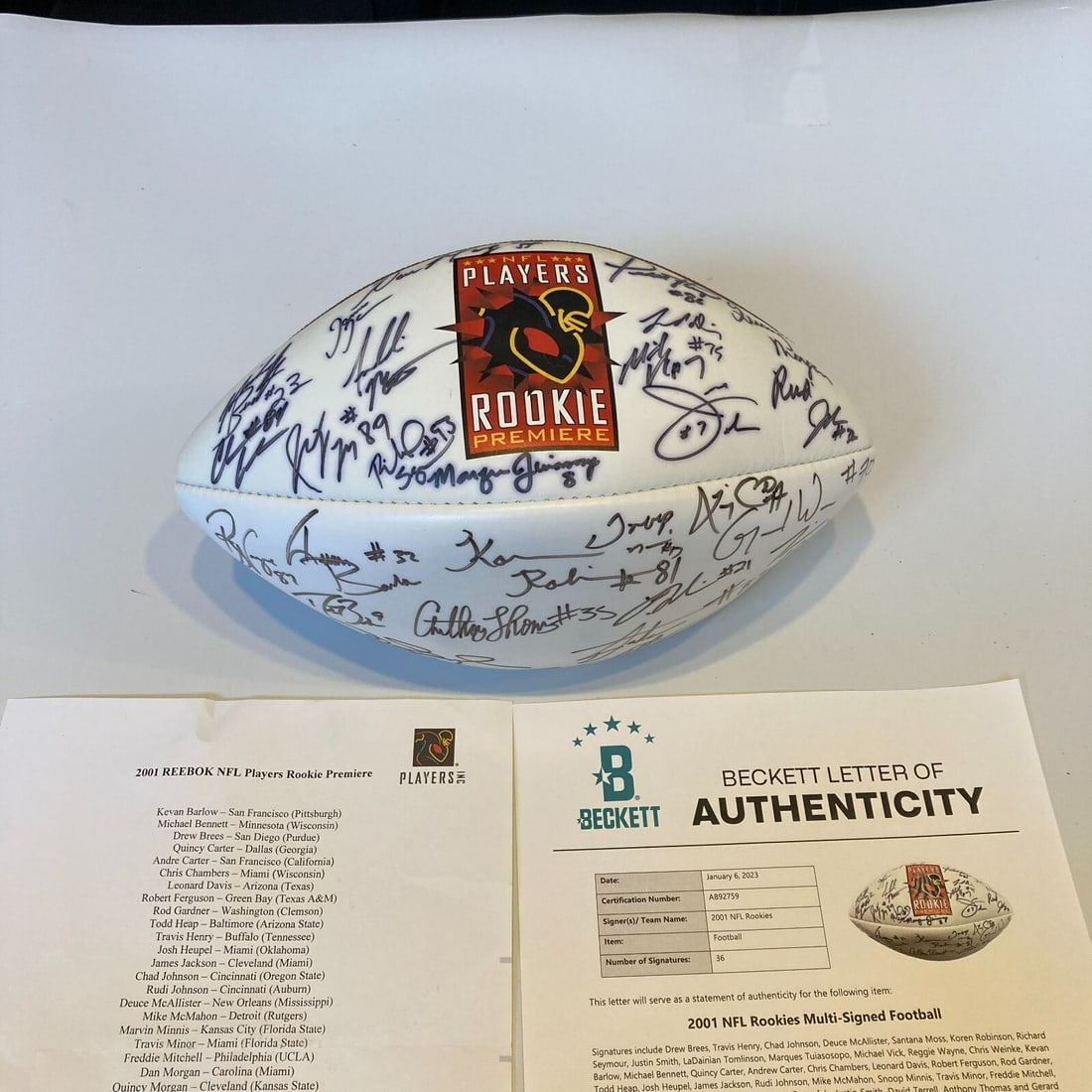 2001 NFL Rookies Autographed Football 36 Signatures Brees Tomlinson Vick Beckett COA: 2001 NFL Rookies Autographed Football 36 Signatures Brees Tomlinson Vick Beckett COA This original 2001 NFL rookies multi-signed football features an impressive collection of 36 signatures from notabl
