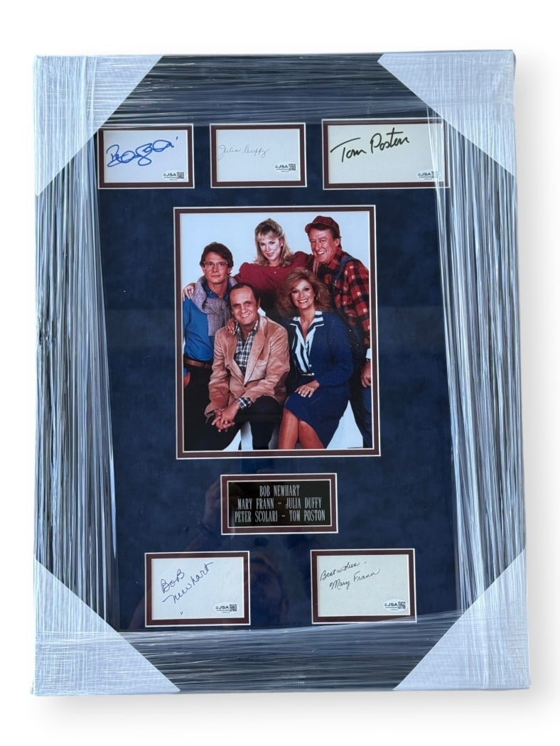 Framed Newhart cast autograph cuts JSA Bob Newhart Mary Frann Julia Duffy: Framed Newhart cast autograph cuts JSA Bob Newhart Mary Frann Julia Duffy This framed display features autographed cut signatures from the cast of the television show "Newhart." The signatures include