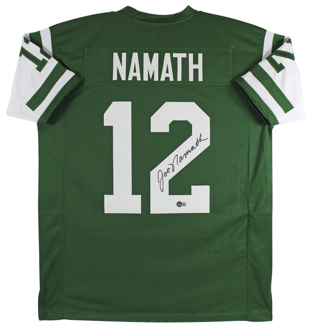 Autographed Green Jersey Signed by Joe Namath BAS Witnessed Authentication: Autographed Green Jersey Signed by Joe Namath BAS Witnessed Authentication This green pro style jersey is personally signed by Joe Namath of the New York Jets. The autograph has been witnessed and aut