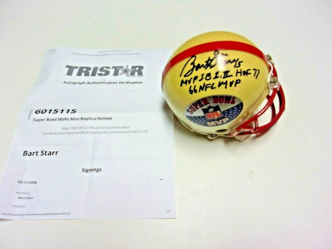 Signed Mini Helmet Bart Starr Green Bay Packers Tristar COA Hall of Fame NFL: Signed Mini Helmet Bart Starr Green Bay Packers Tristar COA Hall of Fame NFL This Green Bay Packers mini helmet is signed by Bart Starr, the legendary Hall of Famer inducted in 1977, two-time Super Bo