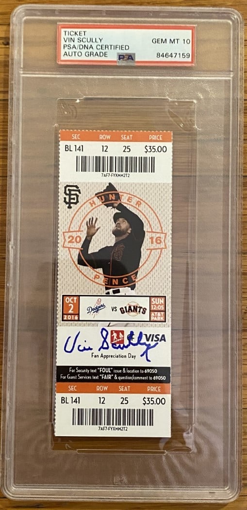 PSA DNA Authenticated Vin Scully Signed Dodgers Baseball Ticket Stub: PSA DNA Authenticated Vin Scully Signed Dodgers Baseball Ticket Stub This is an original baseball ticket stub signed by Vin Scully, commemorating his final call for the Los Angeles Dodgers. Each ticke