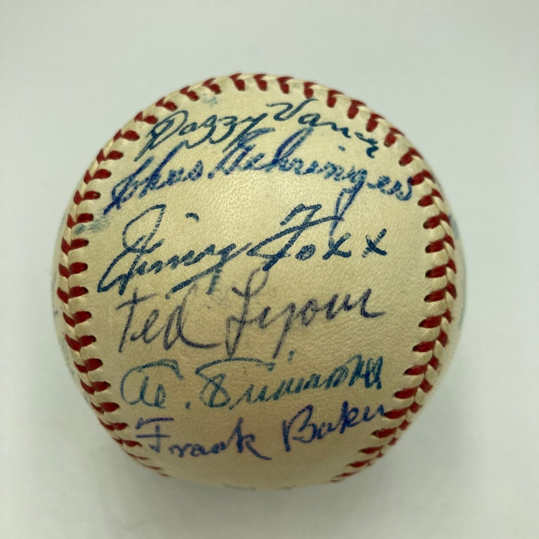 1955 Hall of Fame Baseball Signed by 25 Legends Including Jimmie Foxx JSA LOA: 1955 Hall of Fame Baseball Signed by 25 Legends Including Jimmie Foxx JSA LOA This original baseball commemorates the 1955 Baseball Hall of Fame induction ceremony and features the signatures of 25 le