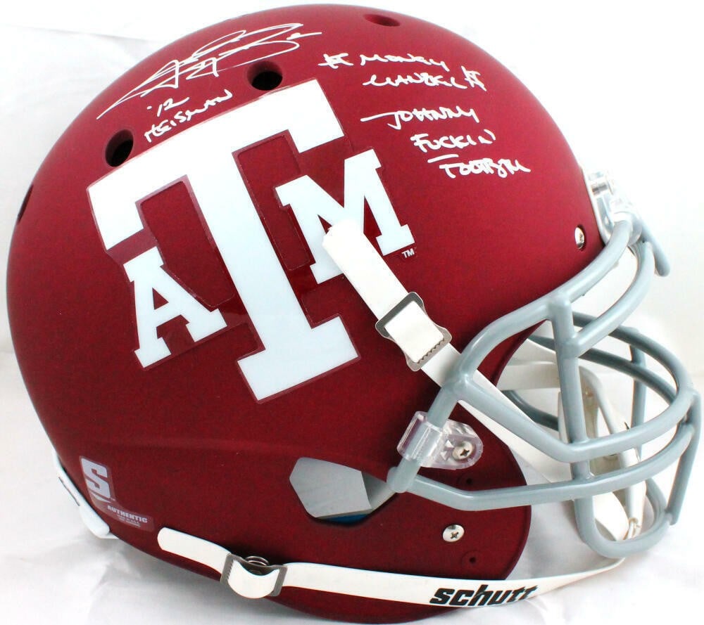 Schutt full size authentic Texas A&M helmet signed by Johnny Manziel BAS: Schutt full size authentic Texas A&M helmet signed by Johnny Manziel BAS This is an original Texas A&M Schutt full-size authentic football helmet signed by Johnny Manziel. It includes three inscriptio