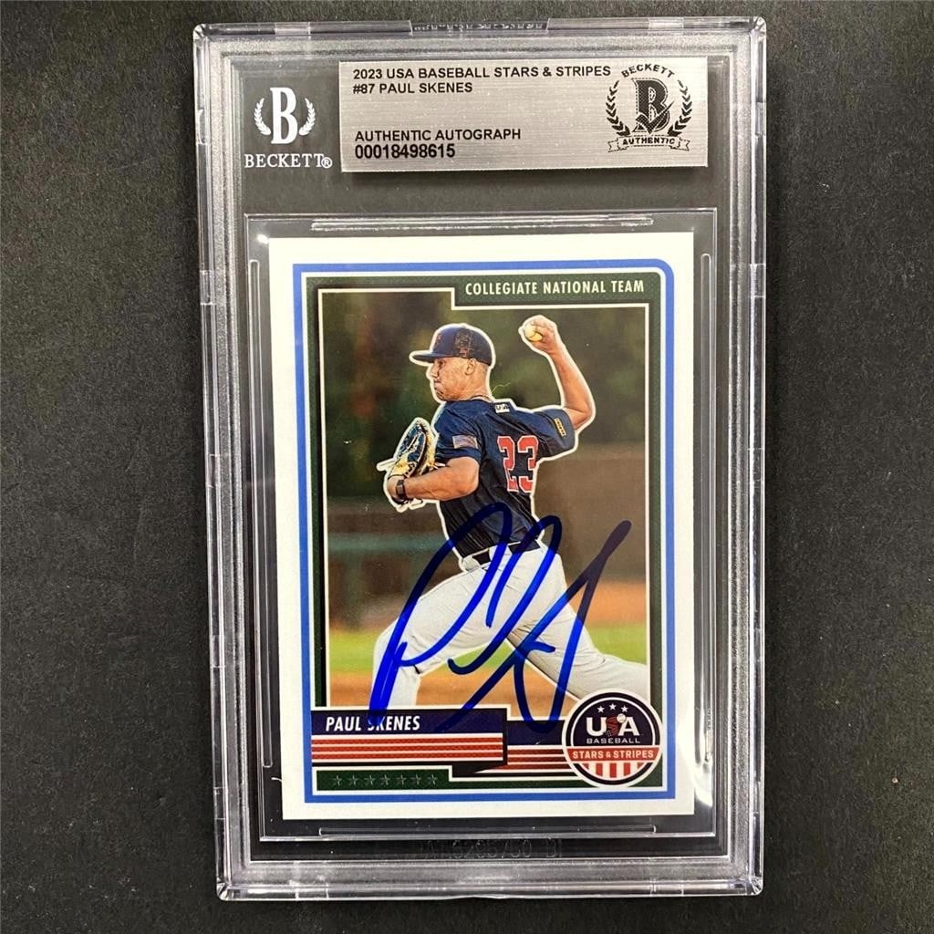 2023 USA Baseball Stars Stripes Paul Skenes Rookie Auto Beckett BAS 10: 2023 USA Baseball Stars Stripes Paul Skenes Rookie Auto Beckett BAS 10 This is a 2023 USA Baseball Stars & Stripes #87 rookie card featuring Paul Skenes. The card is an original release manufactured b