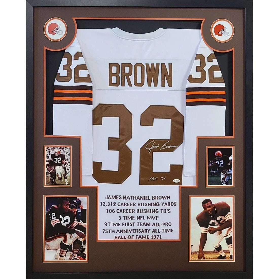 Jim Brown Autographed Framed Jersey with JSA COA Cleveland Browns: Jim Brown Autographed Framed Jersey with JSA COA Cleveland Browns This autographed Jim Brown framed white jersey celebrates the legacy of the legendary Cleveland Browns player. Authenticated by JSA, a