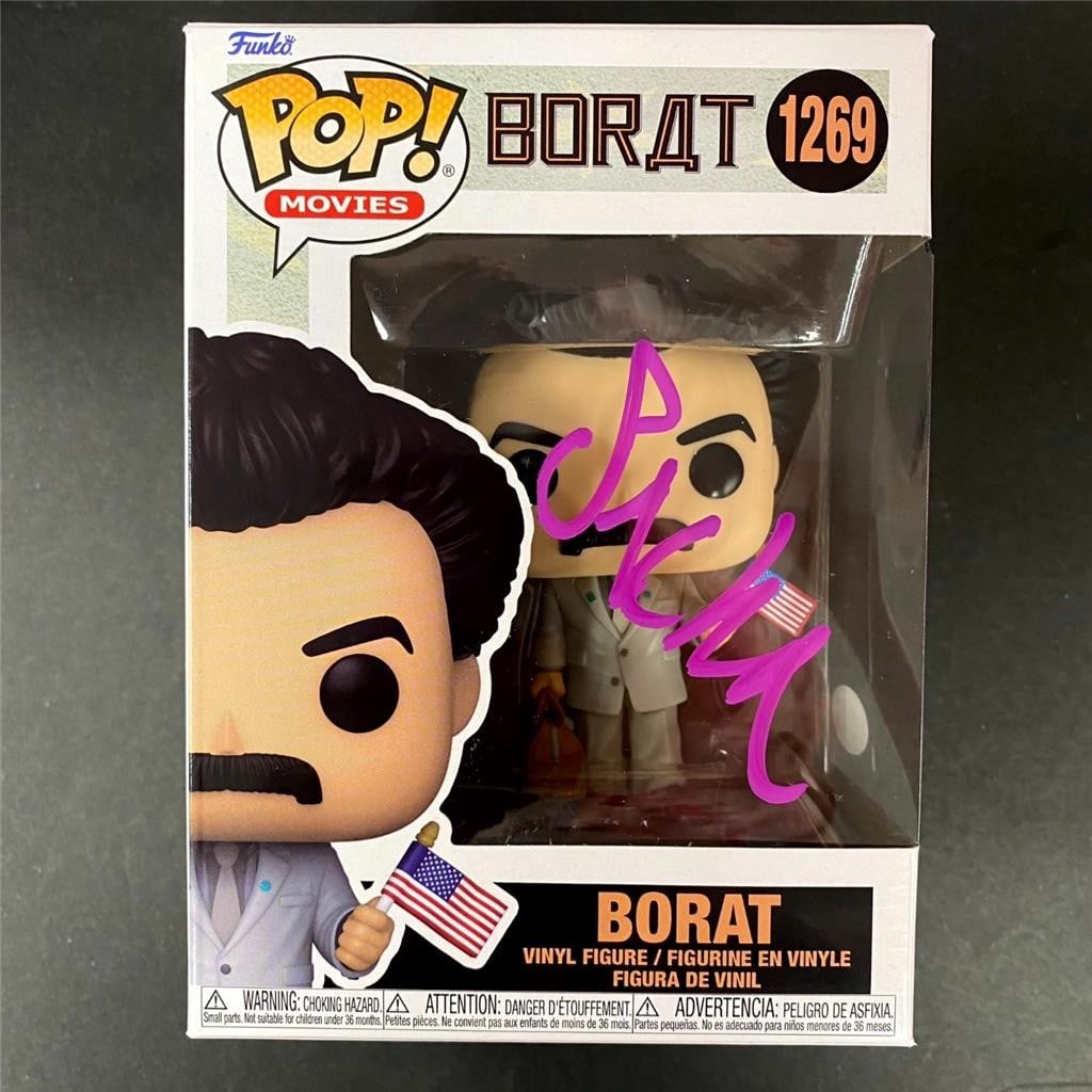 Borat Funko Pop 1269 signed by Sacha Baron Cohen JSA: Borat Funko Pop 1269 signed by Sacha Baron Cohen JSA This Funko Pop! #1269 features Borat and has been personally signed by Sacha Baron Cohen. The autograph is authenticated by James Spence Authentica