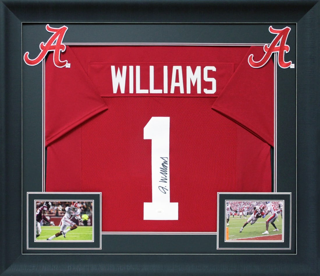 Jameson Williams Autographed Framed Alabama Maroon Jersey BAS Witnessed Authentication: Jameson Williams Autographed Framed Alabama Maroon Jersey BAS Witnessed Authentication This maroon Pro Style framed jersey has been personally signed by Jameson Williams of the Alabama Crimson Tide. T