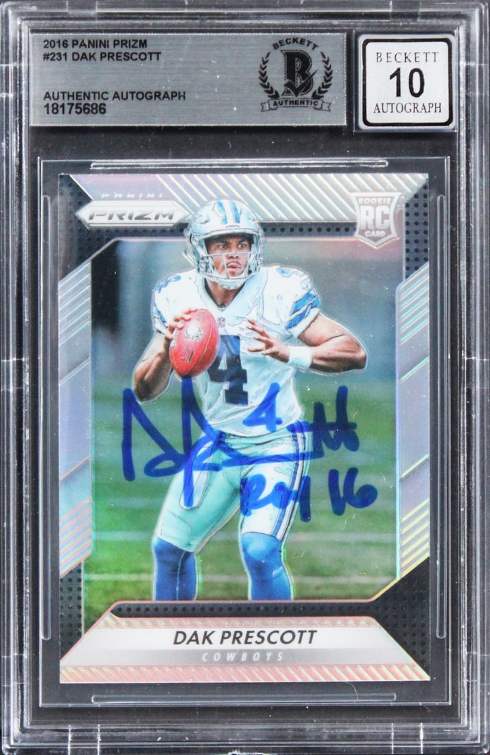 Dak Prescott Signed 2016 Panini Prizm RC Card Auto 10 ROY 16 Beckett Authenticated: Dak Prescott Signed 2016 Panini Prizm RC Card Auto 10 ROY 16 Beckett Authenticated This is a 2016 Panini Prizm #231 Rookie Card of Dak Prescott, featuring the inscription "ROY 16". Graded as Gem Mint 
