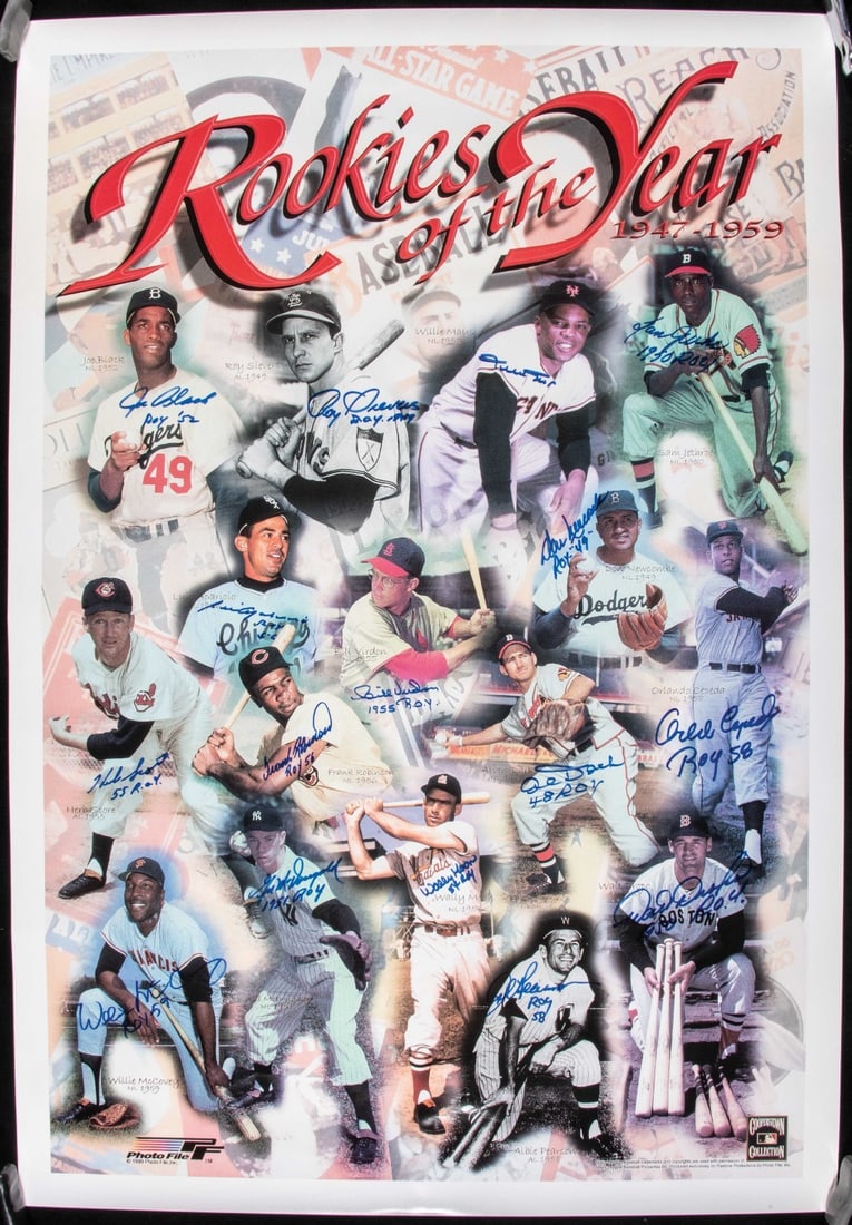 24x35 Rookie of the Year autographed poster 16 signatures JSA Willie Mays: 24x35 Rookie of the Year autographed poster 16 signatures JSA Willie Mays Large format baseball photo poster commemorating former winners of the Rookie of the Year Award. This original piece measures 