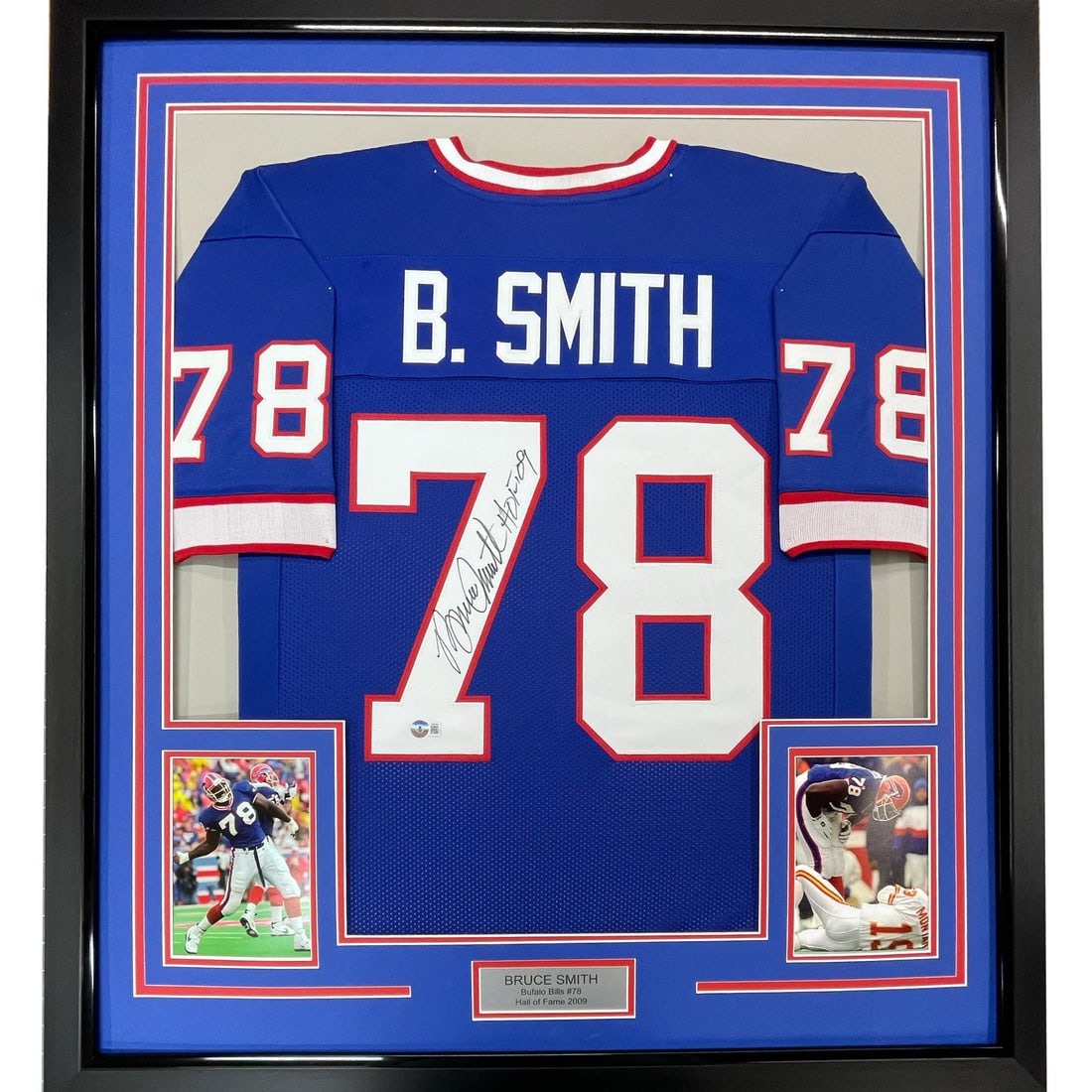 Framed Bruce Smith Autographed Buffalo Bills Jersey HOF 09 BAS COA: Framed Bruce Smith Autographed Buffalo Bills Jersey HOF 09 BAS COA This professional framing showcases an autographed Bruce Smith Buffalo Bills jersey, celebrating his Hall of Fame induction in 2009. 