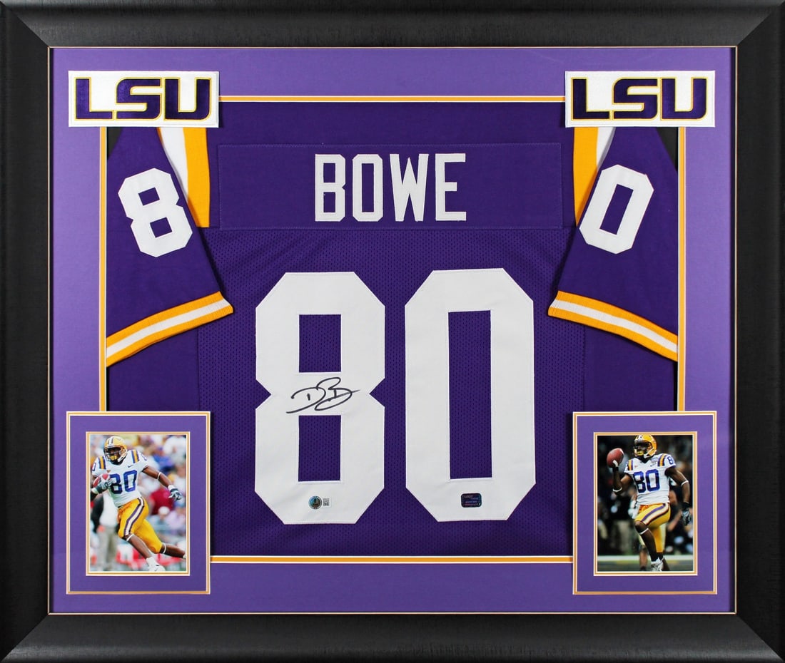 Dwayne Bowe Signed Framed Jersey LSU Beckett Witnessed Authentic Autograph: Dwayne Bowe Signed Framed Jersey LSU Beckett Witnessed Authentic Autograph This professionally framed LSU Louisiana State Tigers purple pro style jersey features the authentic signature of Dwayne Bowe