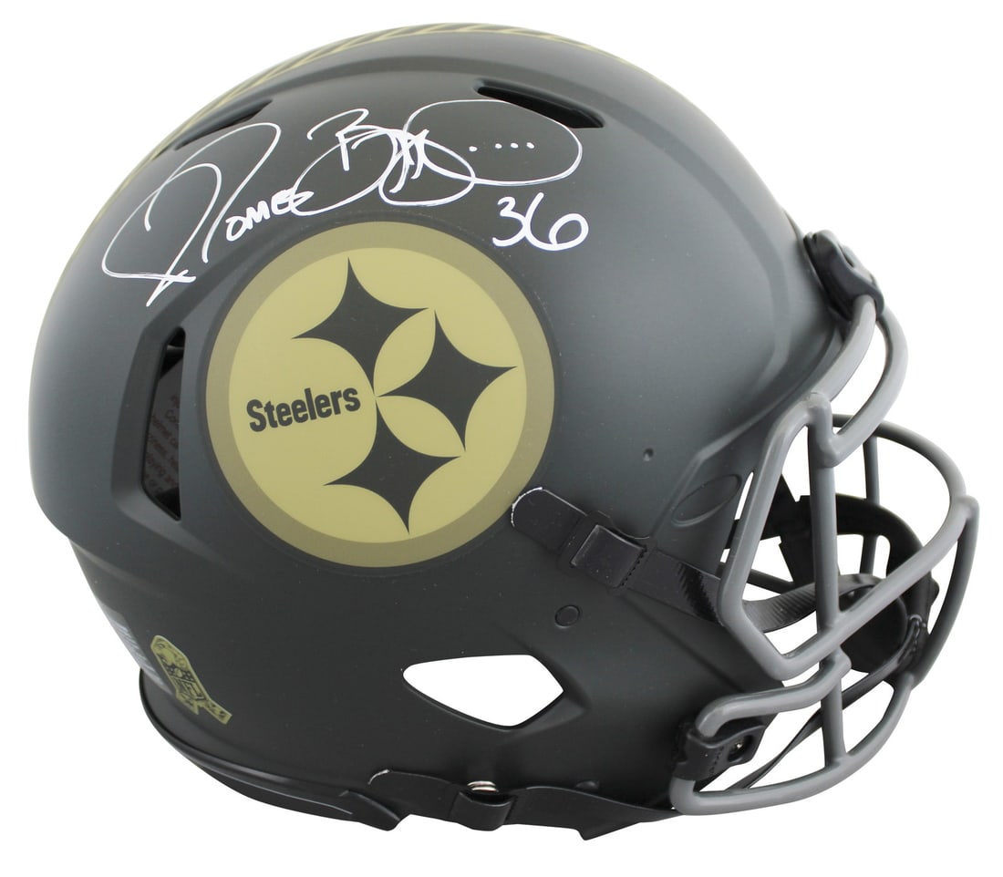 Jerome Bettis autographed Steelers Salute to Service full size helmet BAS: Jerome Bettis autographed Steelers Salute to Service full size helmet BAS This autographed Alternate 2025 Salute To Service IV Riddell Authentic Full Size Speed Proline helmet has been personally sign