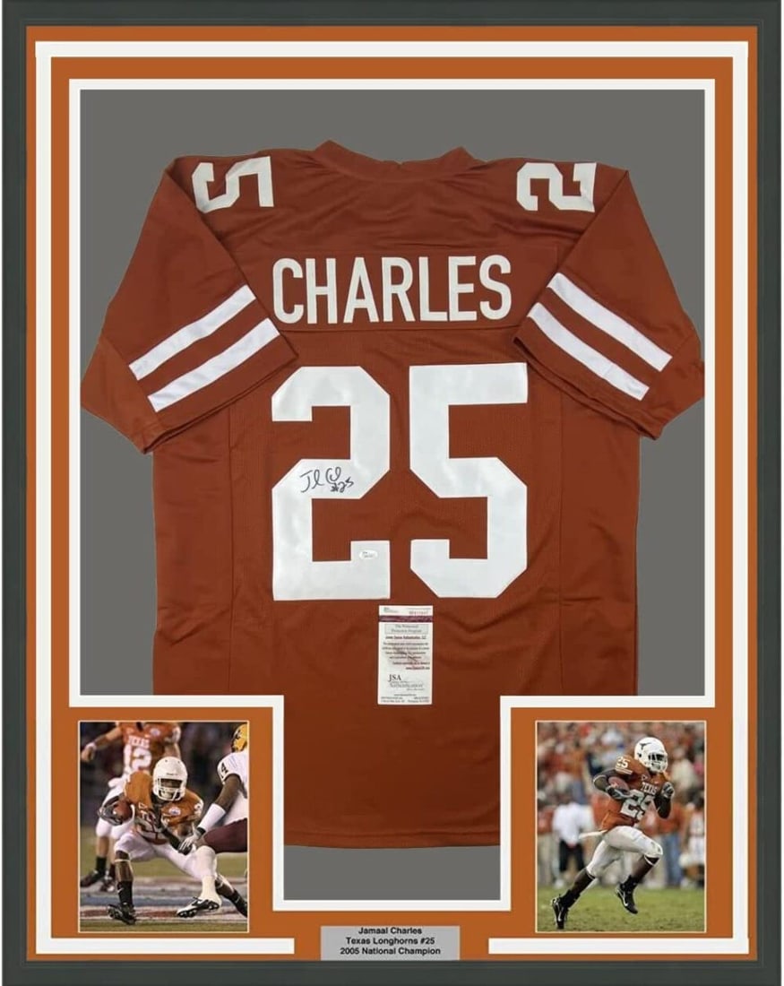 Jamaal Charles Signed Framed Texas Longhorns Jersey 33x42 JSA Authenticated: Jamaal Charles Signed Framed Texas Longhorns Jersey 33x42 JSA Authenticated This framed Texas Orange college football jersey is autographed by Jamaal Charles, the renowned athlete from the Texas Longh