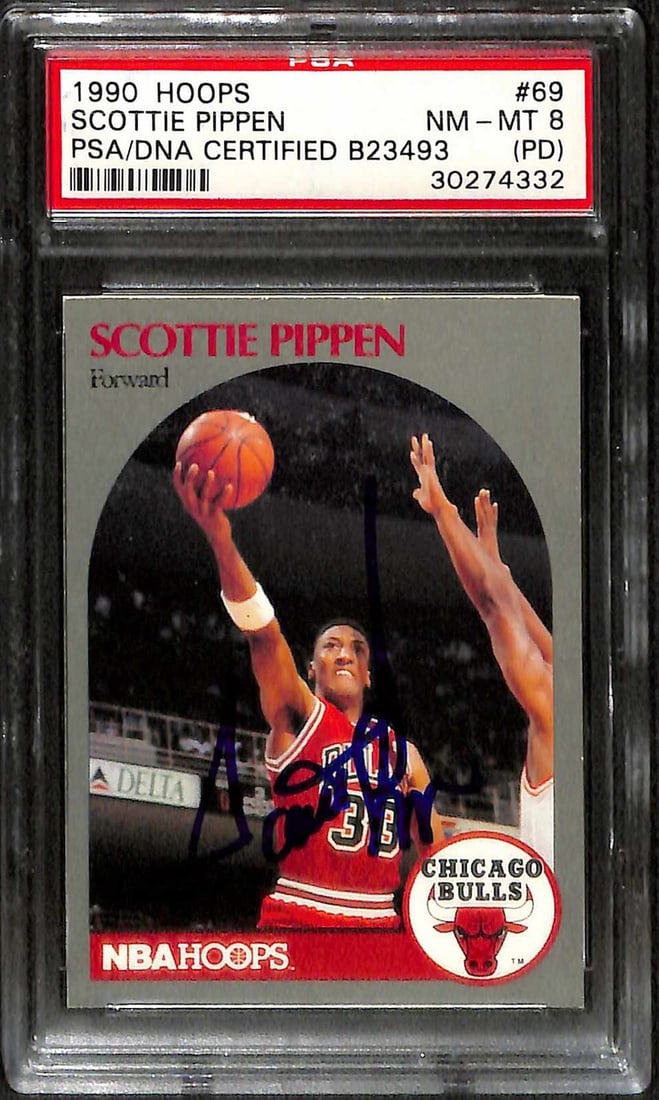 Scottie Pippen Autographed 1990 Hoops #69 Card PSA/DNA: Scottie Pippen Autographed 1990 Hoops #69 Card PSA/DNA This is an original autographed 1990 Hoops #69 sports trading card featuring Scottie Pippen, a legendary member of the Chicago Bulls and NBA Hall