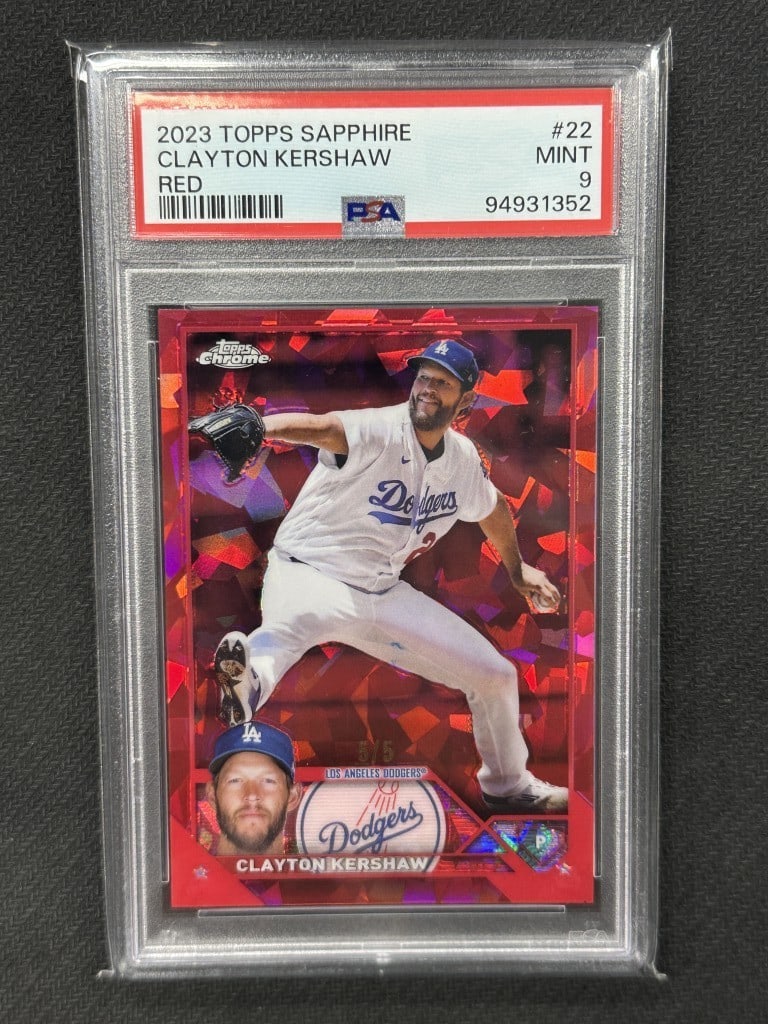 PSA 9 Clayton Kershaw 2023 Topps Sapphire Red Refractor 5 of 5 #22: PSA 9 Clayton Kershaw 2023 Topps Sapphire Red Refractor 5 of 5 #22 This is a 2023 Topps Sapphire Red Refractor baseball card featuring Clayton Kershaw of the Los Angeles Dodgers. The card is graded 9 