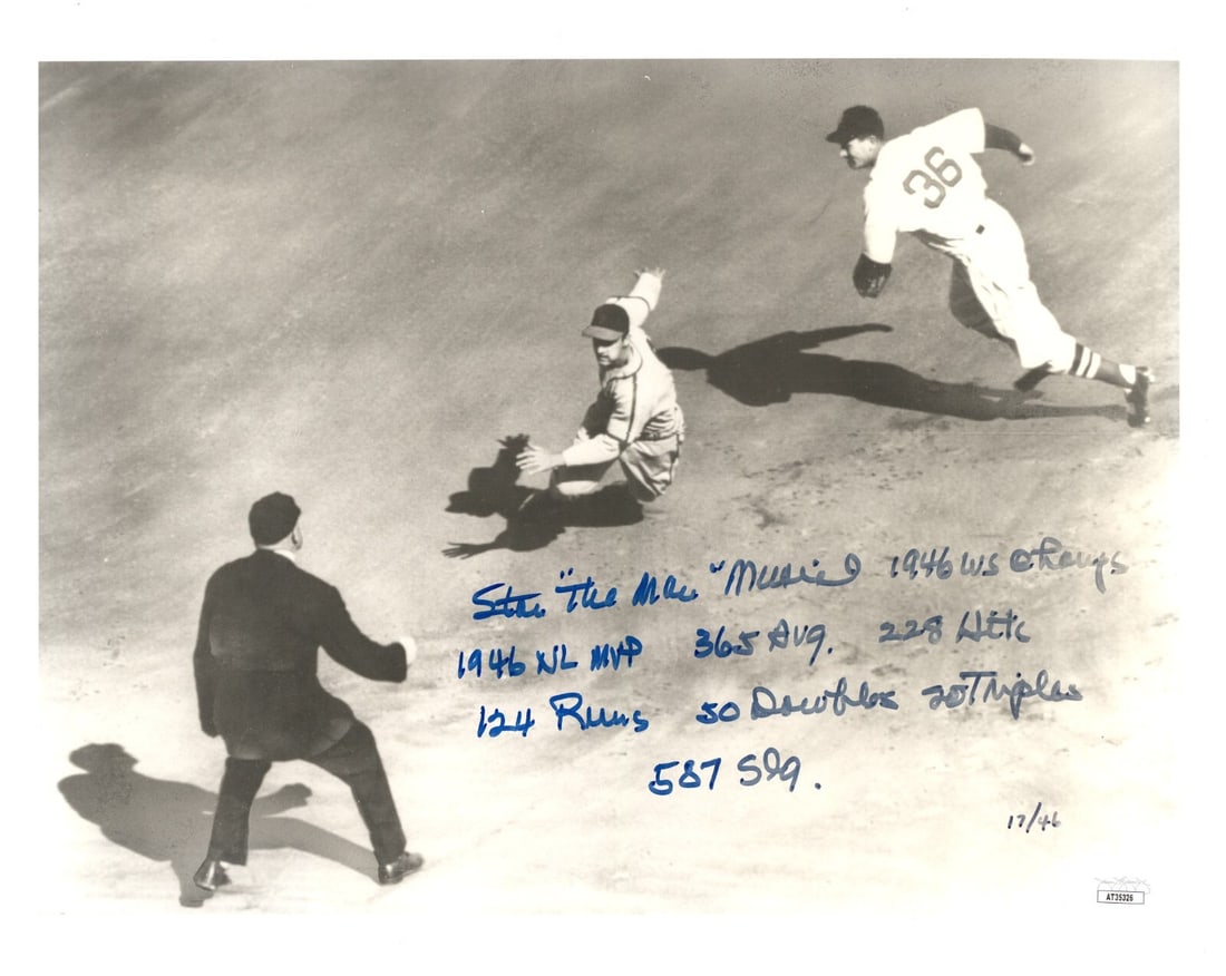 Stan Musial Signed Limited Edition 11x14 Photo with Stats JSA COA: Stan Musial Signed Limited Edition 11x14 Photo with Stats JSA COA This limited edition black and white photograph features Stan "The Man" Musial, a legendary Hall of Famer, and is signed and inscribed