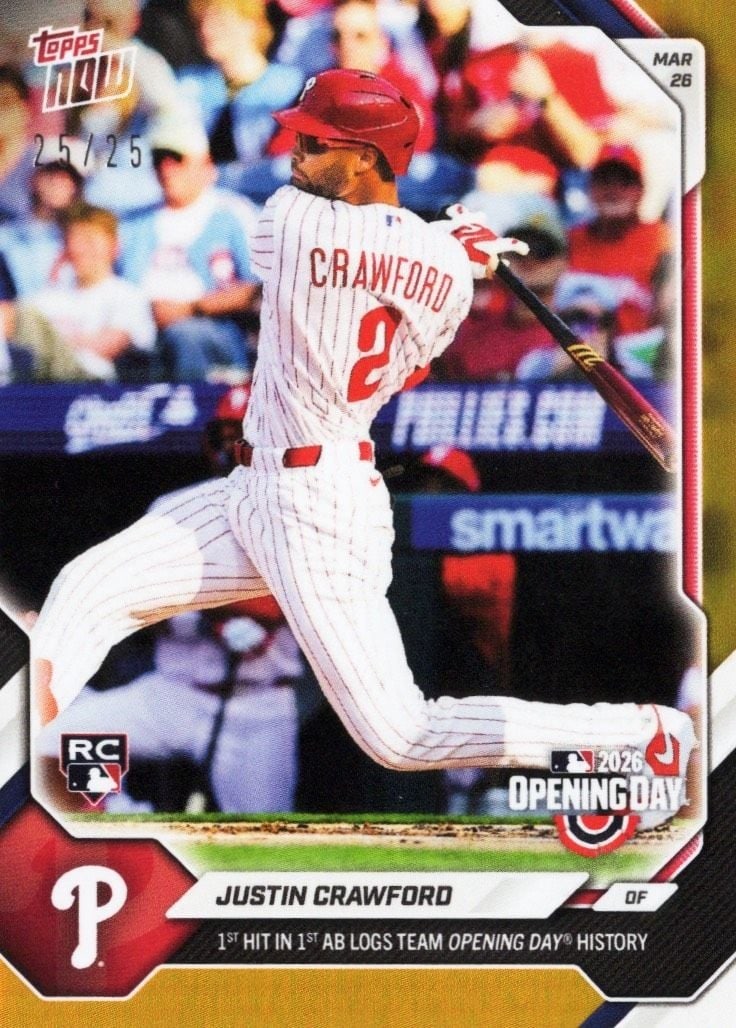 Justin Crawford Orange Foil Rookie RC 2026 Topps Now #9: Justin Crawford Orange Foil Rookie RC 2026 Topps Now #9 This is a 2026 Topps Now Justin Crawford #9 Orange Foil Rookie baseball card featuring the Philadelphia Phillies player. The card showcases the 