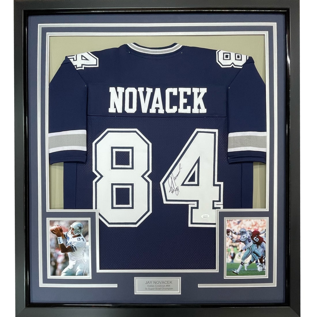 Framed Autographed Jay Novacek Dallas Cowboys Jersey with JSA COA: Framed Autographed Jay Novacek Dallas Cowboys Jersey with JSA COA Celebrate the legacy of football with this stunning framed autographed Jay Novacek Dallas Cowboys blue football jersey. Measuring 33" 