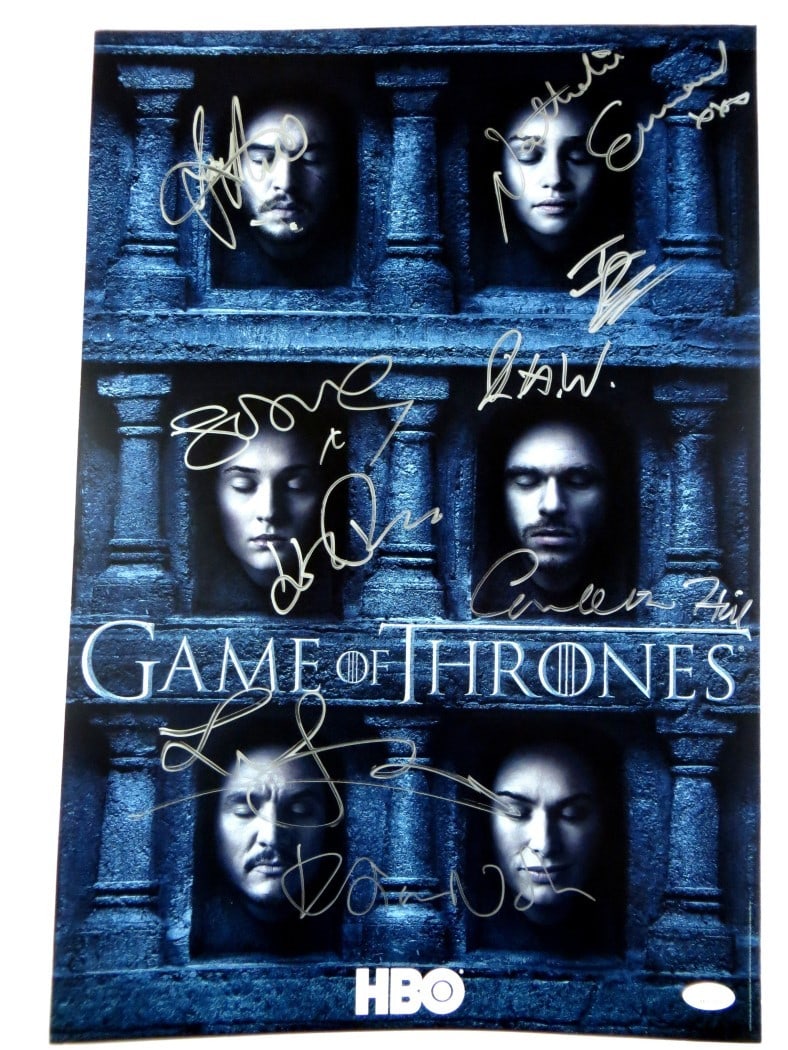 Game of Thrones 9 Autographs Multi Signed 13x20 Poster JSA Authenticated: Game of Thrones 9 Autographs Multi Signed 13x20 Poster JSA Authenticated This stunning multi-signed poster features the iconic cast of Game of Thrones, showcasing a total of 9 authentic signatures. Th