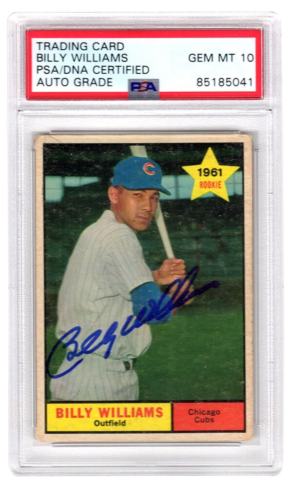 Billy Williams Signed Cubs 1961 Topps Rookie Card #141 PSA GEM Mint 10: Billy Williams Signed Cubs 1961 Topps Rookie Card #141 PSA GEM Mint 10 This is a Billy Williams signed Chicago Cubs 1961 Topps baseball rookie card #141, featuring the iconic player during his early c