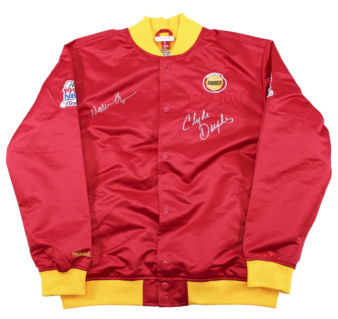 Red Mitchell Ness Bomber Jacket Signed by Olajuwon Drexler BAS Witnessed (1 of 10)