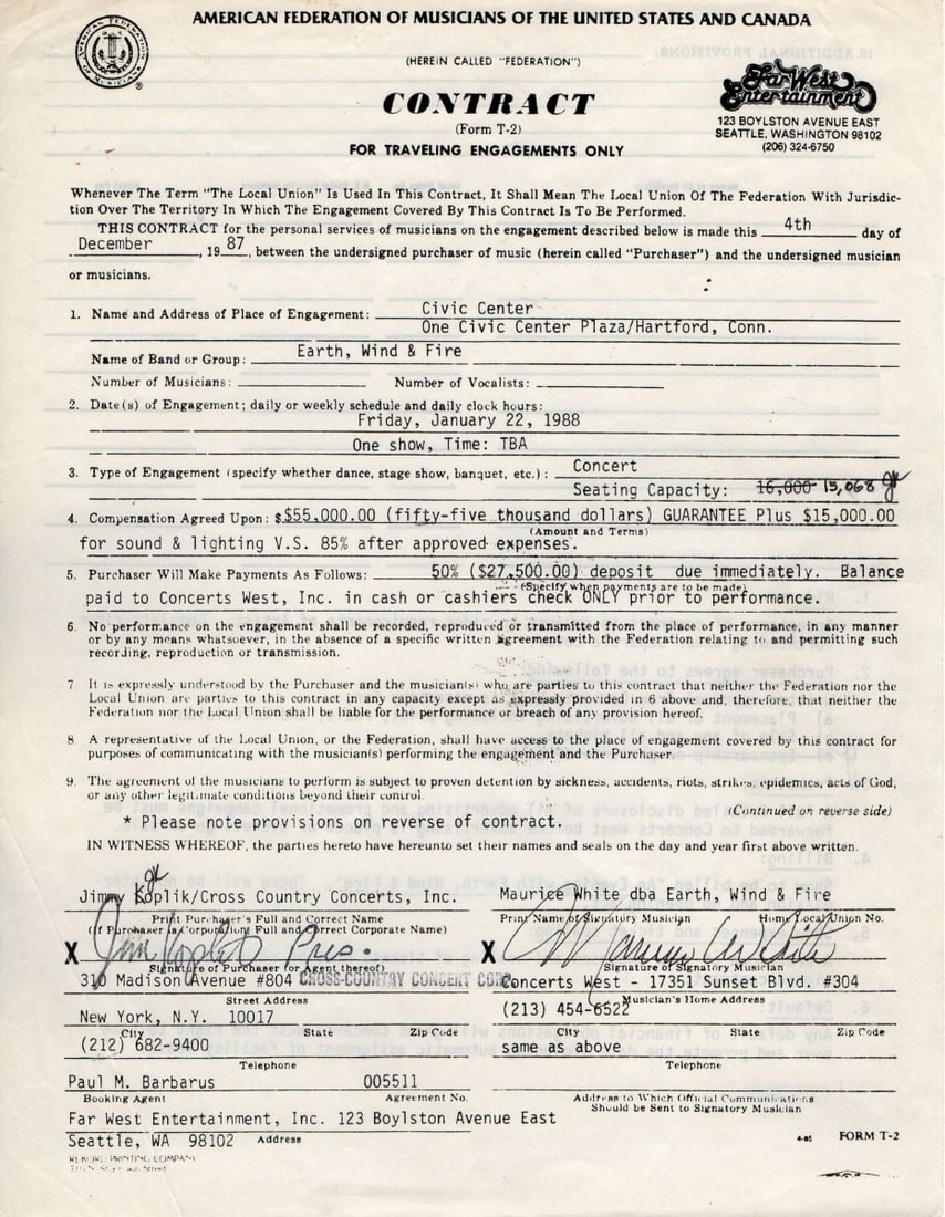 Maurice White signed Earth Wind and Fire contract JSA 1988: Maurice White signed Earth Wind and Fire contract JSA 1988 This is an original contract signed by Maurice White, renowned member of Earth, Wind & Fire, dated 1988. The autograph has been authenticated