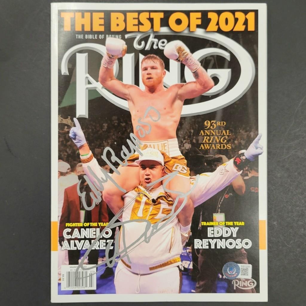 Canelo Alvarez Eddy Reynoso Signed Ring Magazine Beckett Authenticated: Canelo Alvarez Eddy Reynoso Signed Ring Magazine Beckett Authenticated This is an original Ring Magazine signed by boxing champion Saul Canelo Alvarez and his trainer Eddy Reynoso. The magazine comes 