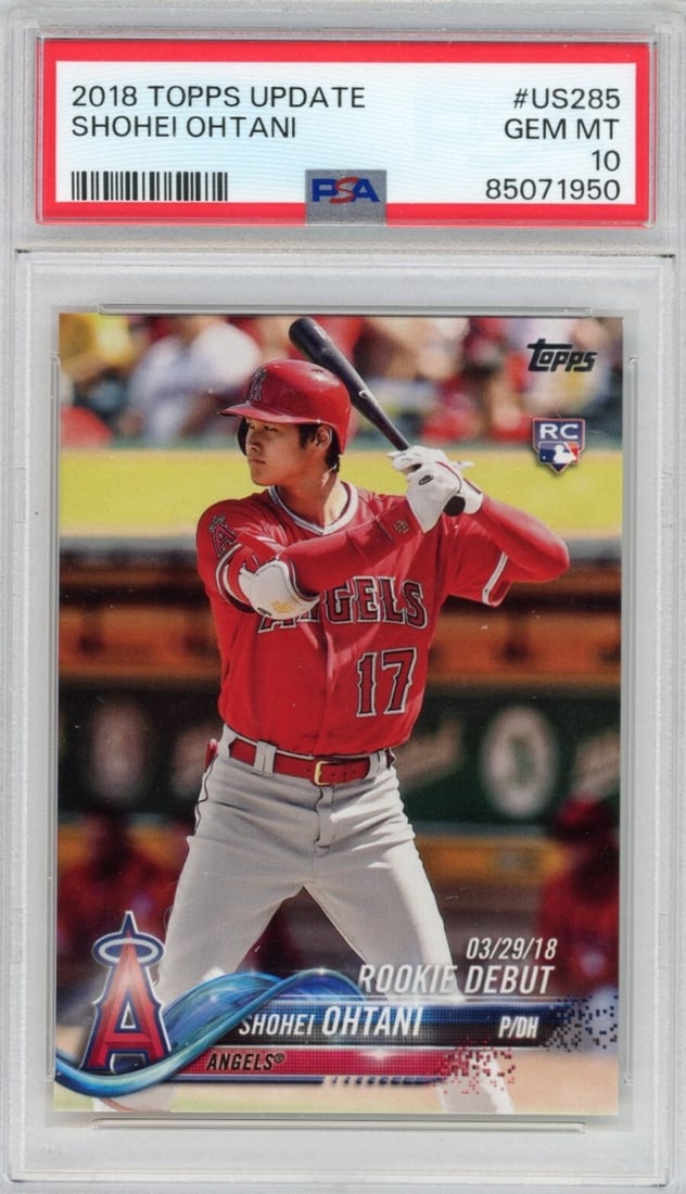 PSA 10 Shohei Ohtani 2018 Topps Update Rookie Card US285: PSA 10 Shohei Ohtani 2018 Topps Update Rookie Card US285 This is a graded 2018 Topps Update Shohei Ohtani #US285 rookie baseball card, featuring the Los Angeles Angels of Anaheim player. The card has 