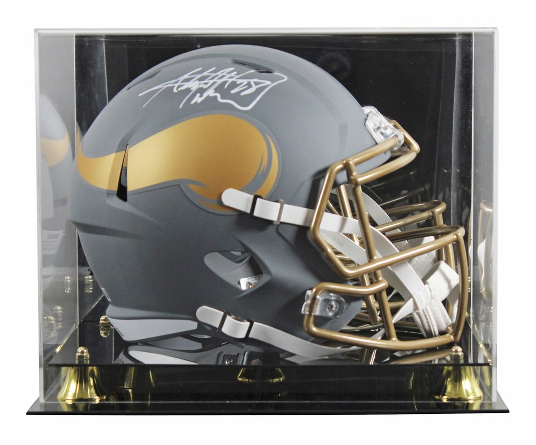 Adrian Peterson Signed Vikings Slate Full Size Helmet with BAS Authentication: Adrian Peterson Signed Vikings Slate Full Size Helmet with BAS Authentication This Adrian Peterson signed full-size speed replica helmet features a slate finish and comes with a UV mirrored back acryl