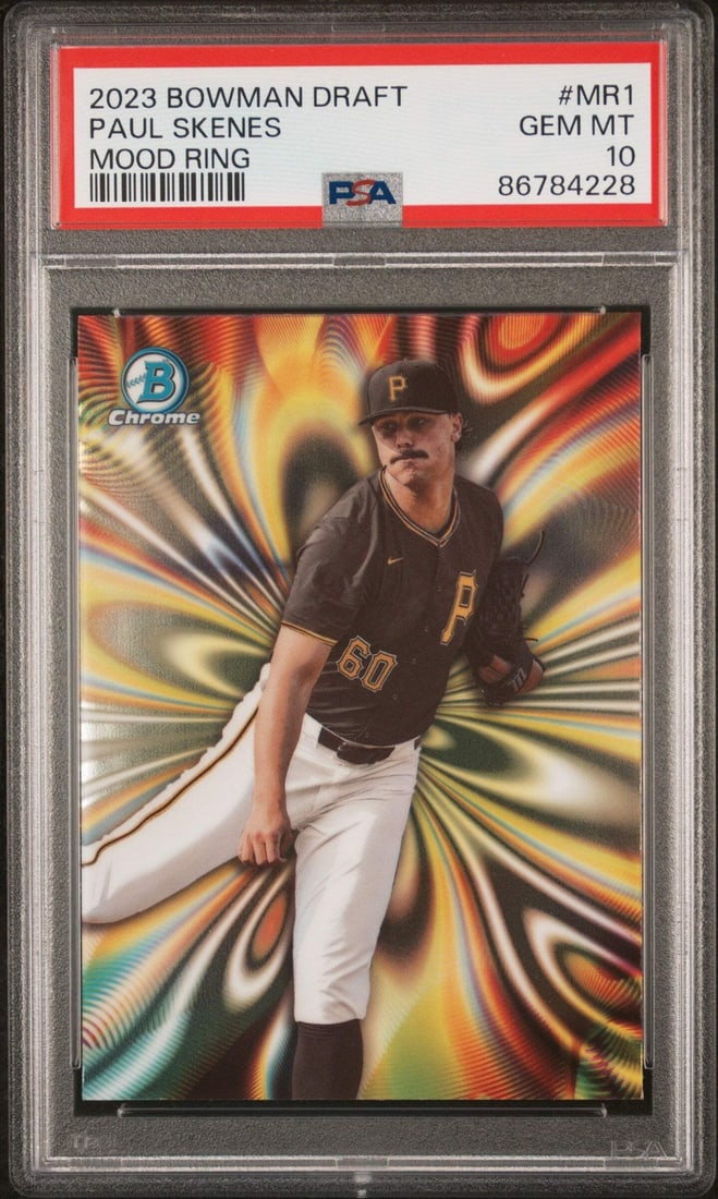 PSA 10 2023 Bowman Draft Mood Ring Paul Skenes Rookie Card: PSA 10 2023 Bowman Draft Mood Ring Paul Skenes Rookie Card This is a 2023 Bowman Draft Paul Skenes #MR1 Mood Ring Rookie Baseball Card, professionally graded and encapsulated by Professional Sports Au