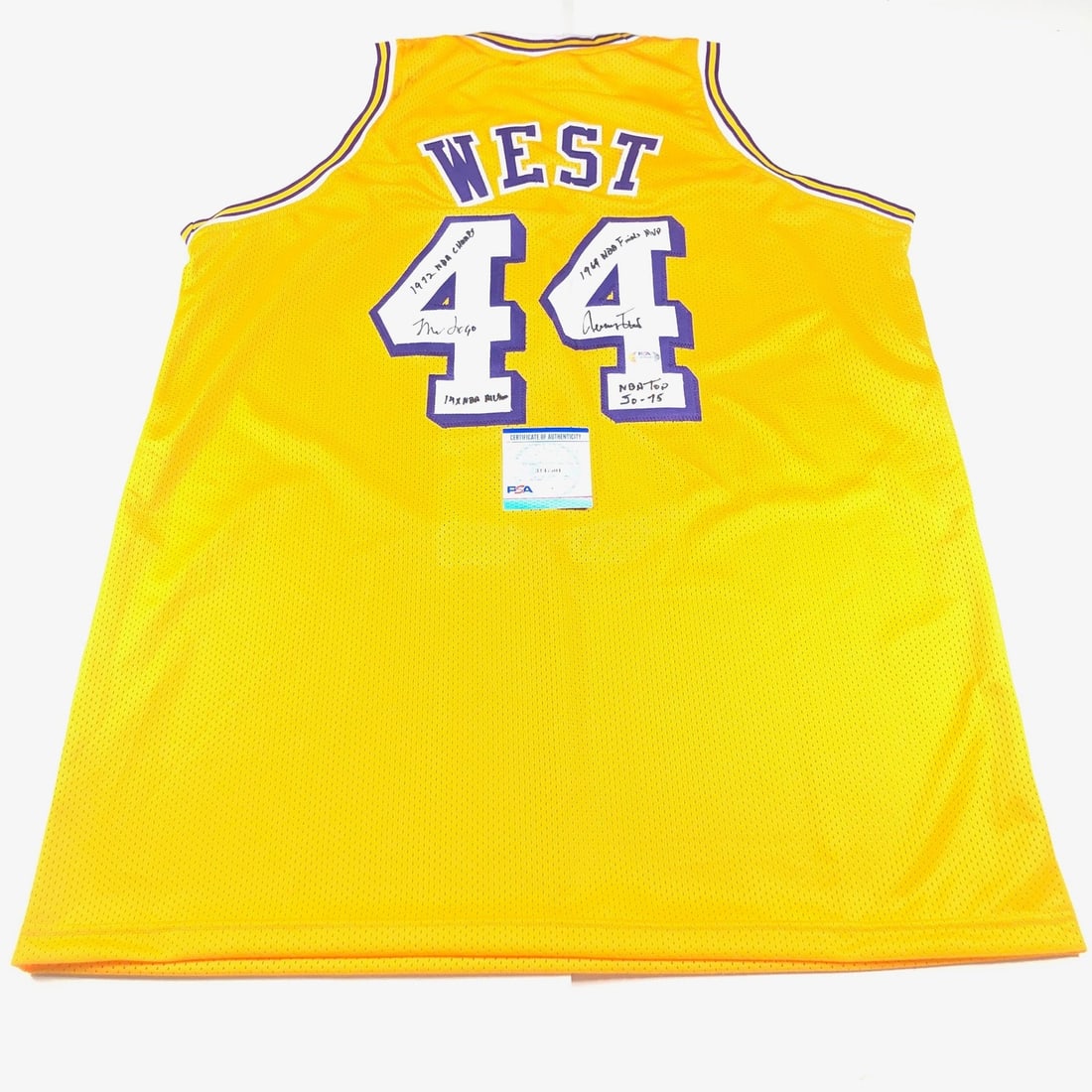 PSA DNA authenticated Jerry West Lakers autographed stitched jersey THE LOGO: PSA DNA authenticated Jerry West Lakers autographed stitched jersey THE LOGO This is a stitched Los Angeles Lakers jersey autographed and inscribed with "THE LOGO" by basketball legend Jerry West. The