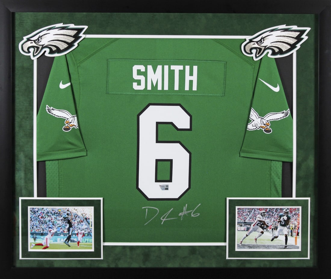 Framed Philadelphia Eagles Jersey Signed by DeVonta Smith Authenticated by Fanatics: Framed Philadelphia Eagles Jersey Signed by DeVonta Smith Authenticated by Fanatics This framed Kelly Green Nike Game jersey has been personally signed by DeVonta Smith of the Philadelphia Eagles. The